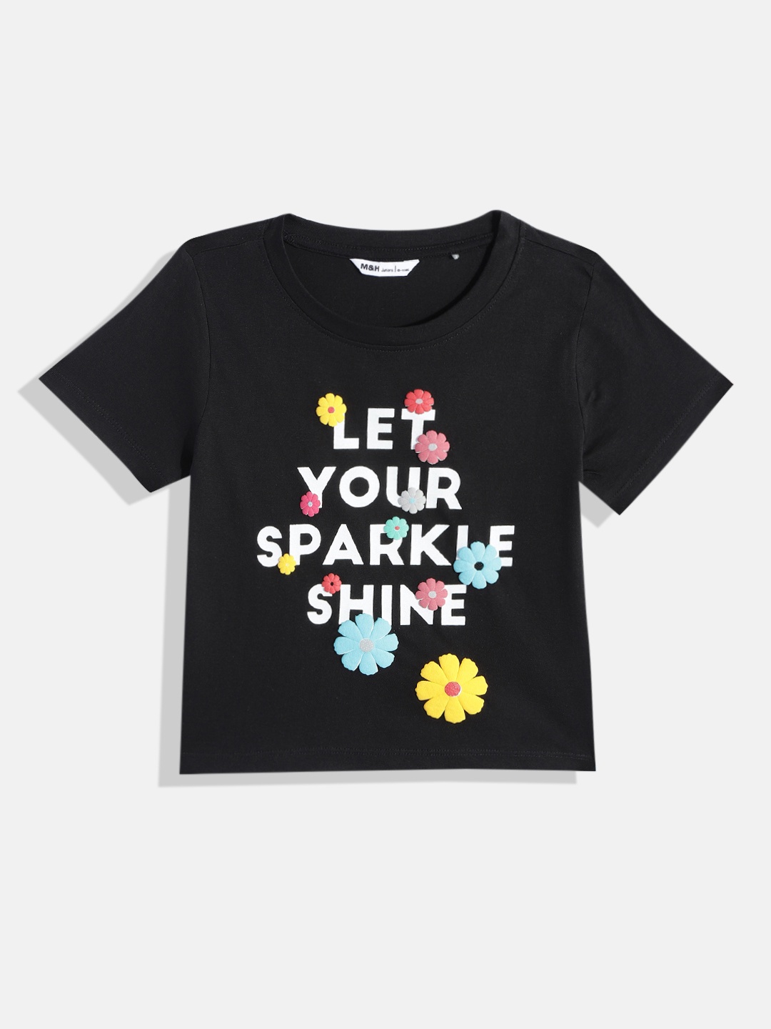 

M&H Juniors Girls Typography Printed Pure Cotton T-shirt, Black