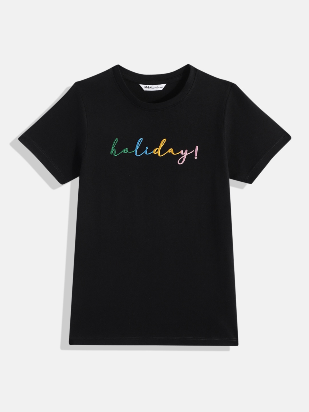 M&H Juniors Girls Embroidered Pure Cotton T-shirt, Black