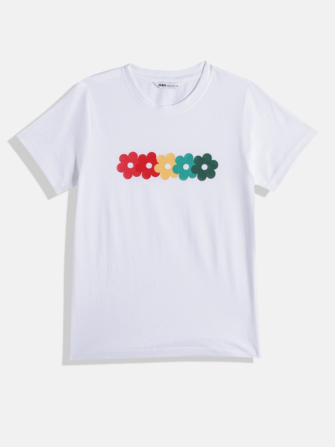 

M&H Juniors Girls Floral Printed Pure Cotton T-shirt, White