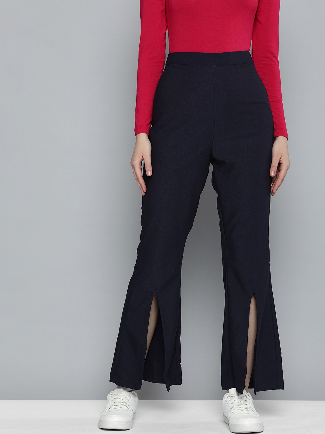 

Mast & Harbour Women Solid Mid-Rise Bootcut Trousers With Front Slits, Navy blue