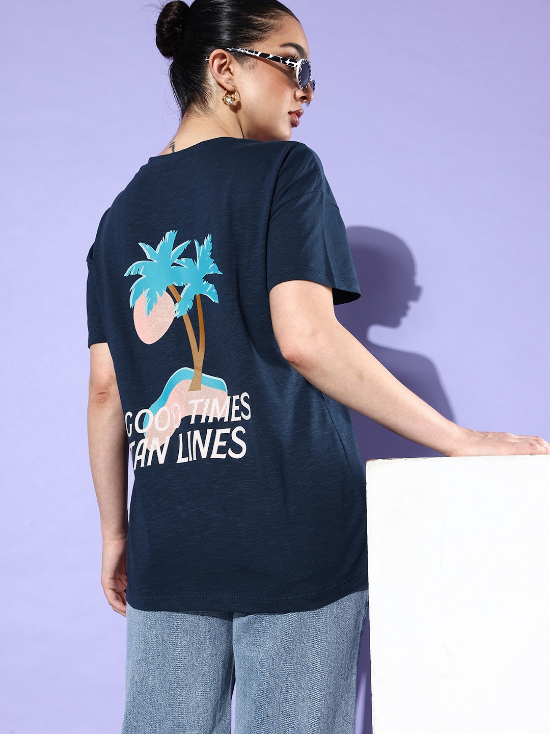 

Mast & Harbour Women Navy Blue Pure Cotton 90's Hollaback Poster Graphics T-shirt