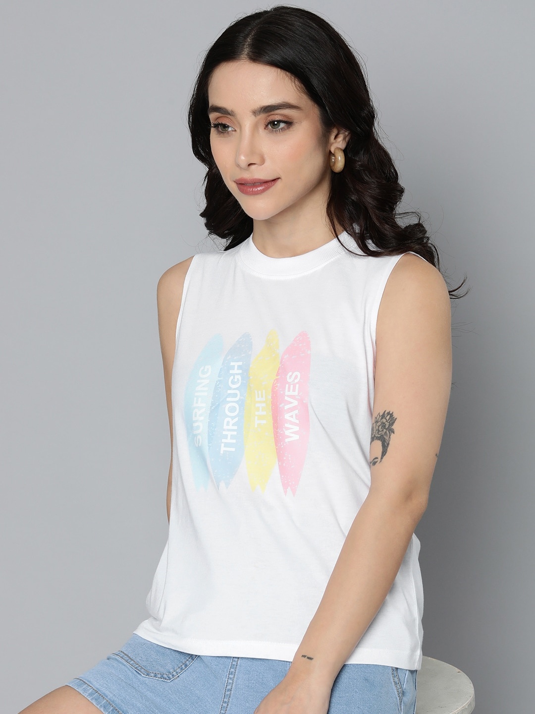 

Mast & Harbour Sleeveless Typography Printed T-shirt, White