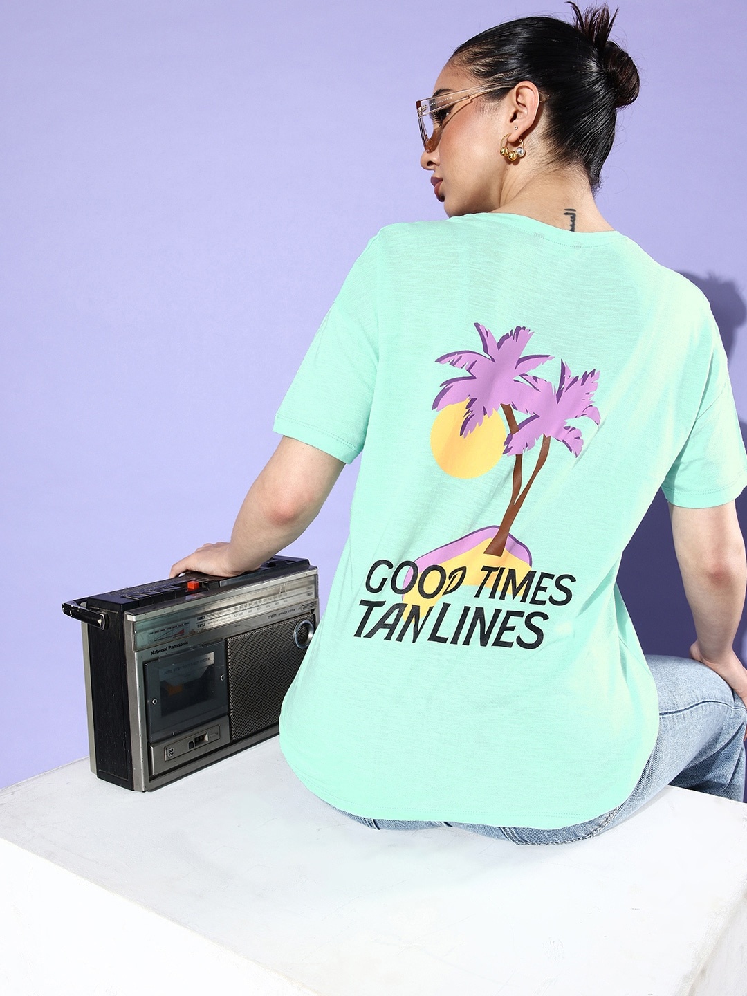 

Mast & Harbour Women Mint Green Pure Cotton 90's Hollaback Poster Graphics T-shirt
