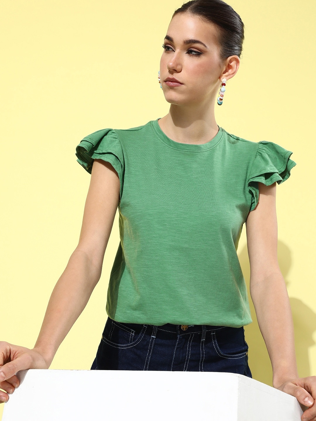 

Mast & Harbour Leafy Green Whimsical ruffles Pure Cotton T-shirt