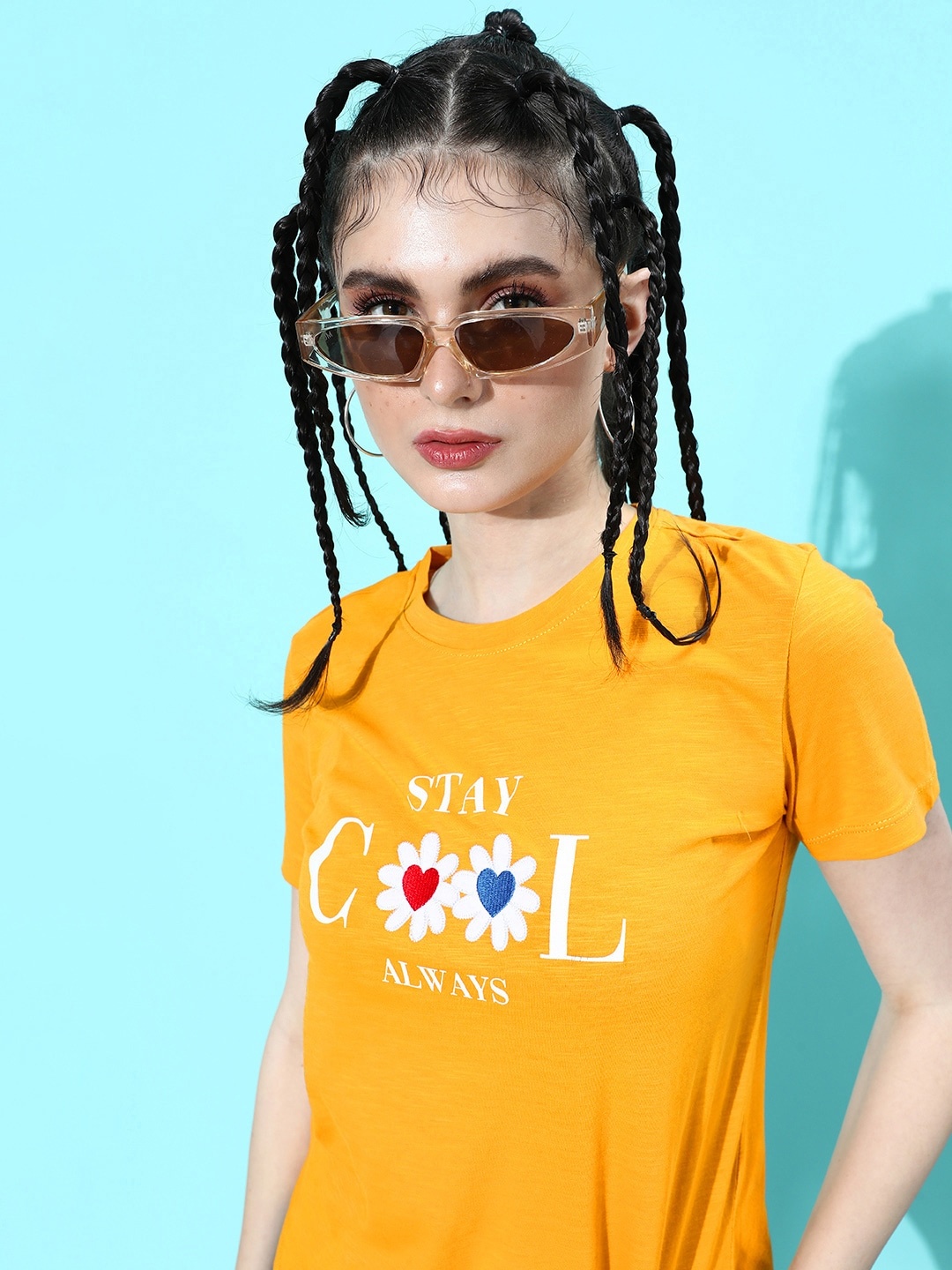 

Mast & Harbour Bright Yellow Poster Graphics Printed Pure Cotton T-shirt