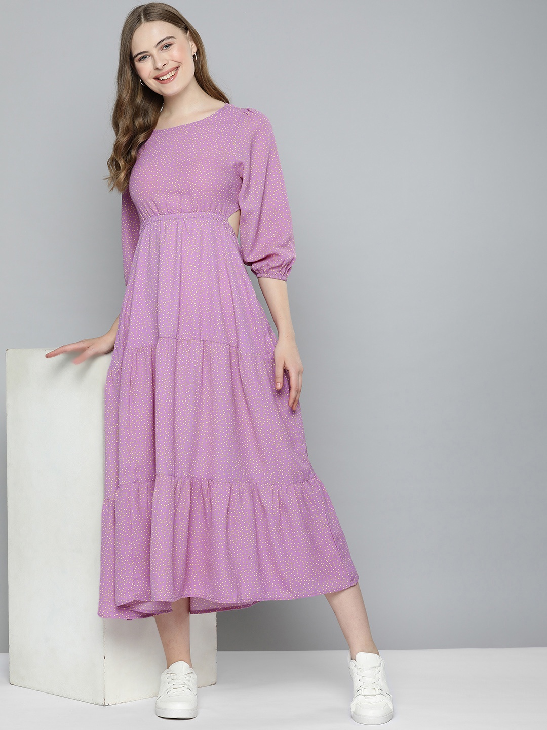

Mast & Harbour Pretty Lavender 90's Hollaback Cutout Course Empire Style Tiered Dress
