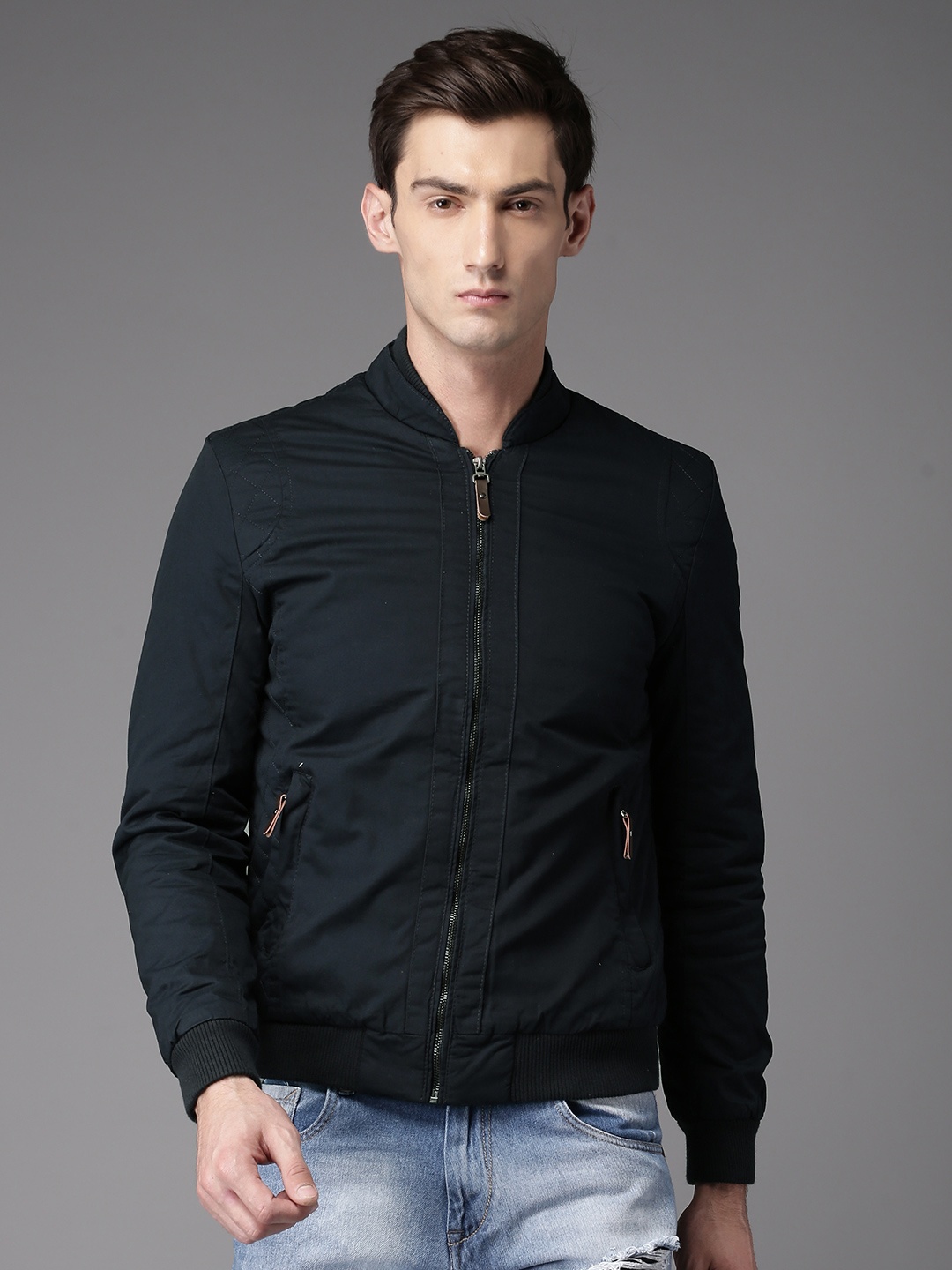 

HERE&NOW Men Navy Blue Solid Padded Jacket