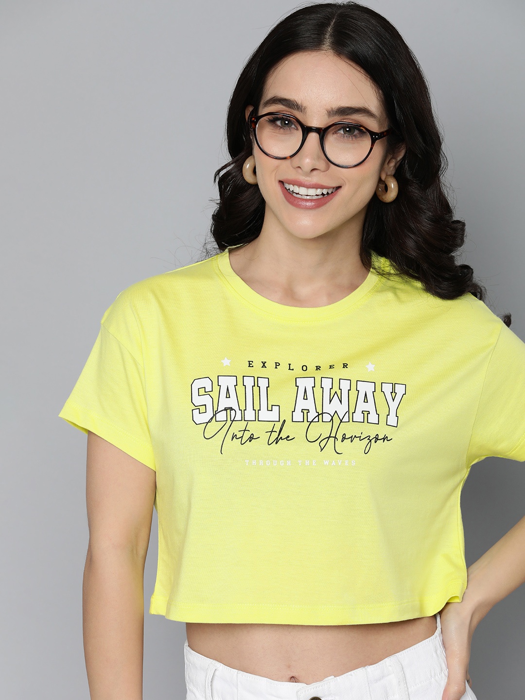 

Mast & Harbour Round Neck Typography Printed Cropped T-shirt, Lime green