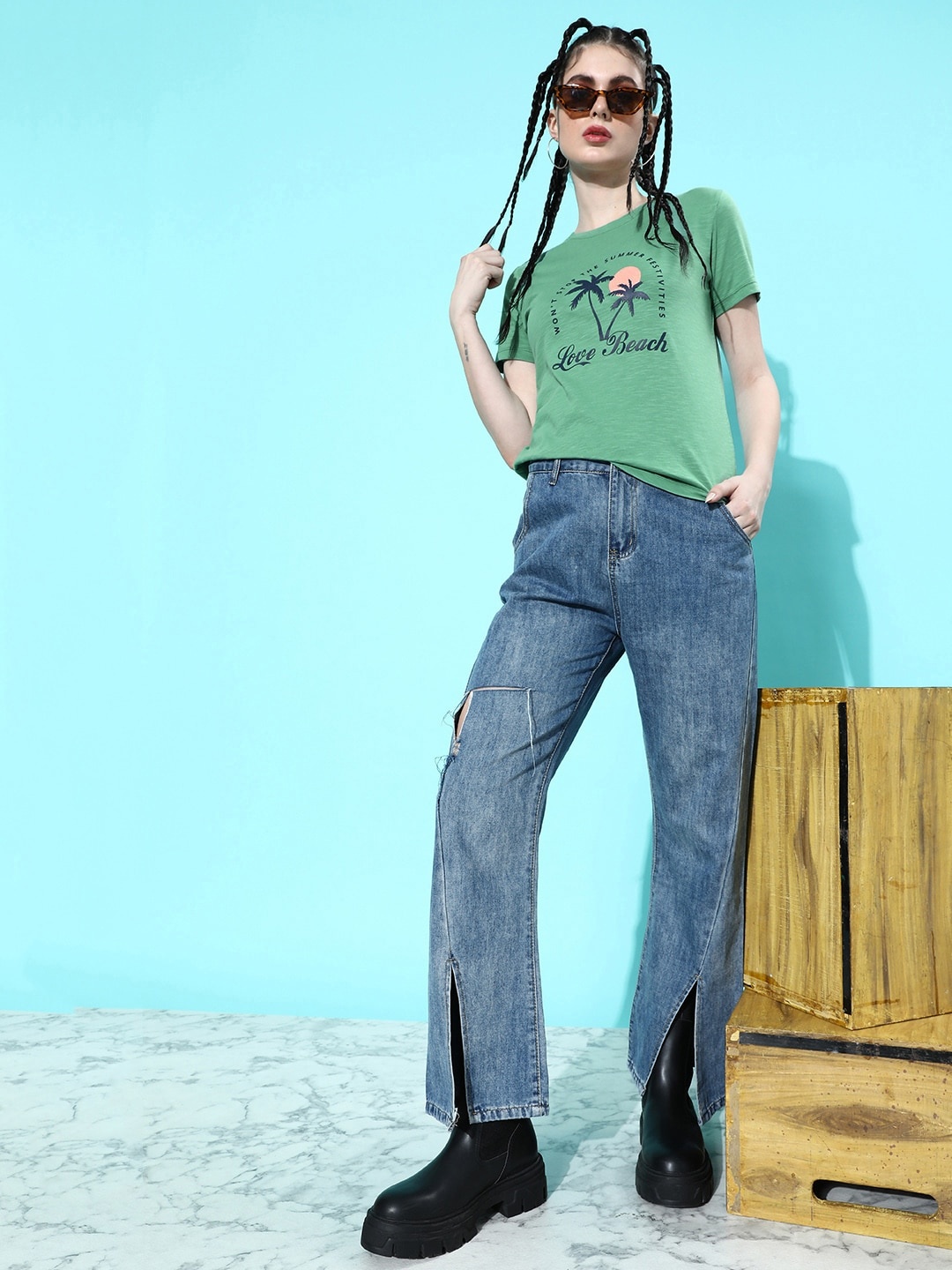 

Mast & Harbour Leafy Green Poster Graphics Printed Pure Cotton T-shirt