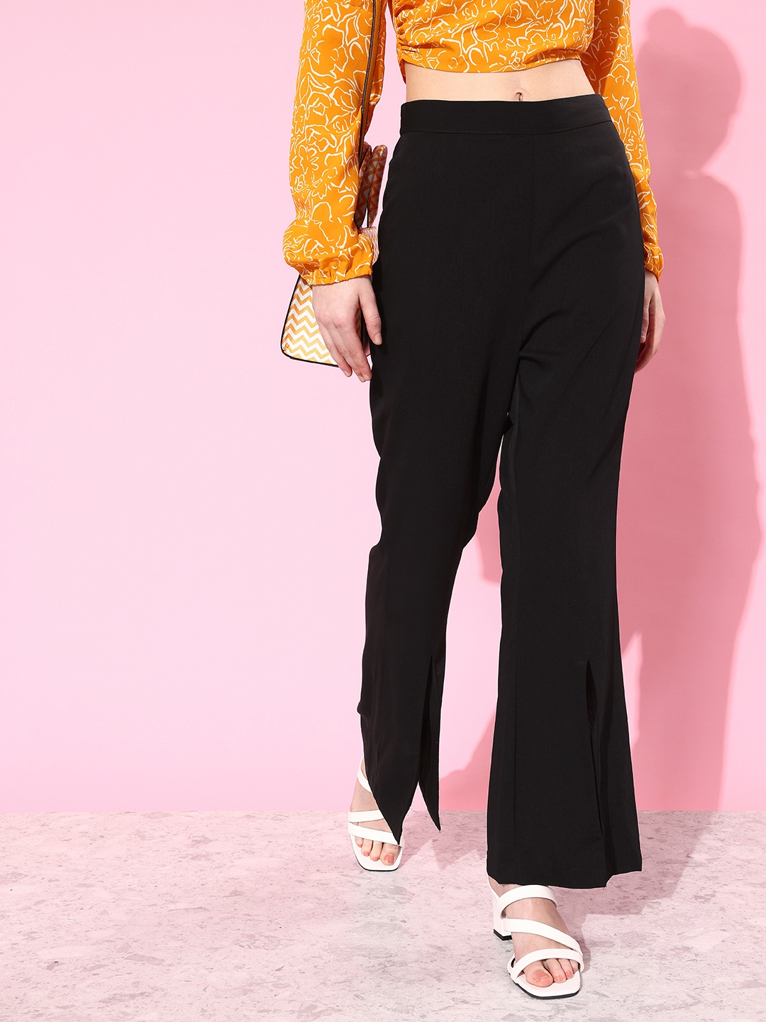 

Mast & Harbour Women Jet Black Mid-Rise Slit Trousers