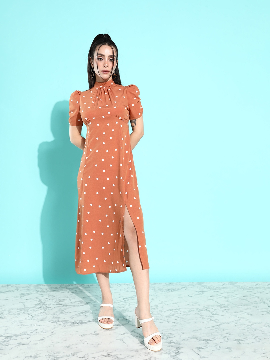 

Mast & Harbour Sandstone Brown Polka Dots A-Line 90's Hollaback-Cutout Course Midi Dress
