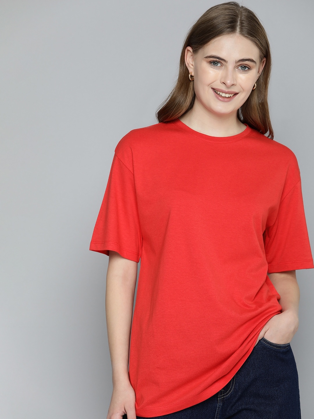 

Mast & Harbour Women Solid Round Neck Drop-Shoulder T-shirt, Red