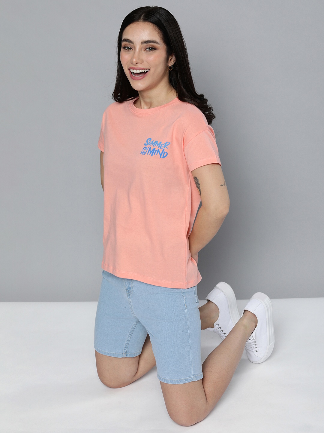

Mast & Harbour Women Typography Placement Print Pure Cotton T-shirt, Peach