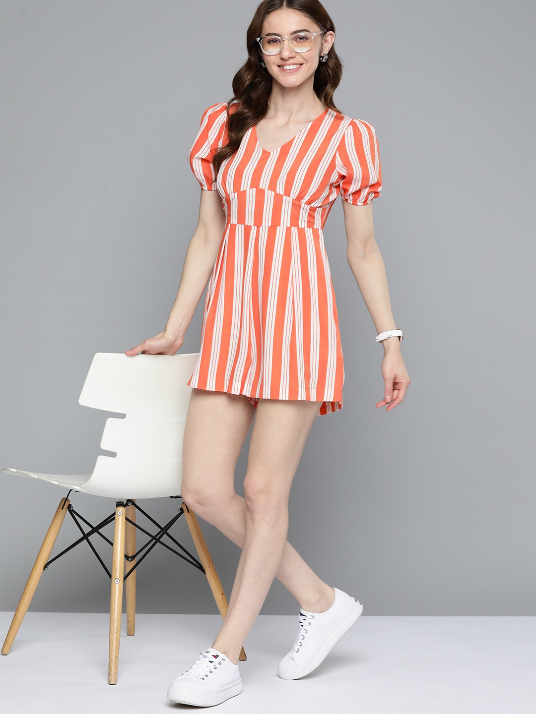 

Mast & Harbour V-Neck Puff-Sleeves Striped Playsuit, Coral