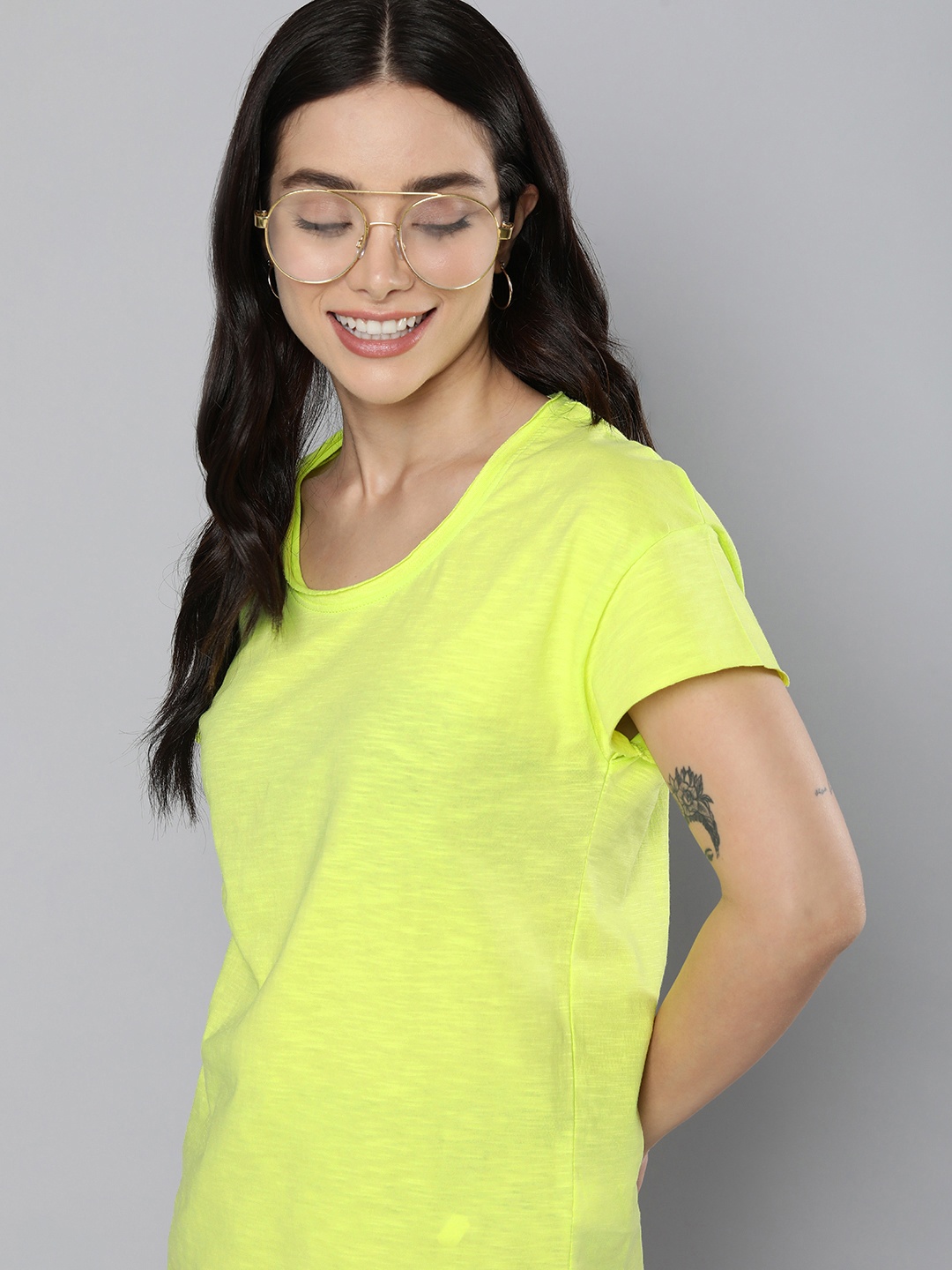 

Mast & Harbour Women Pure Cotton Solid Drop-Shoulder T-shirt, Fluorescent green