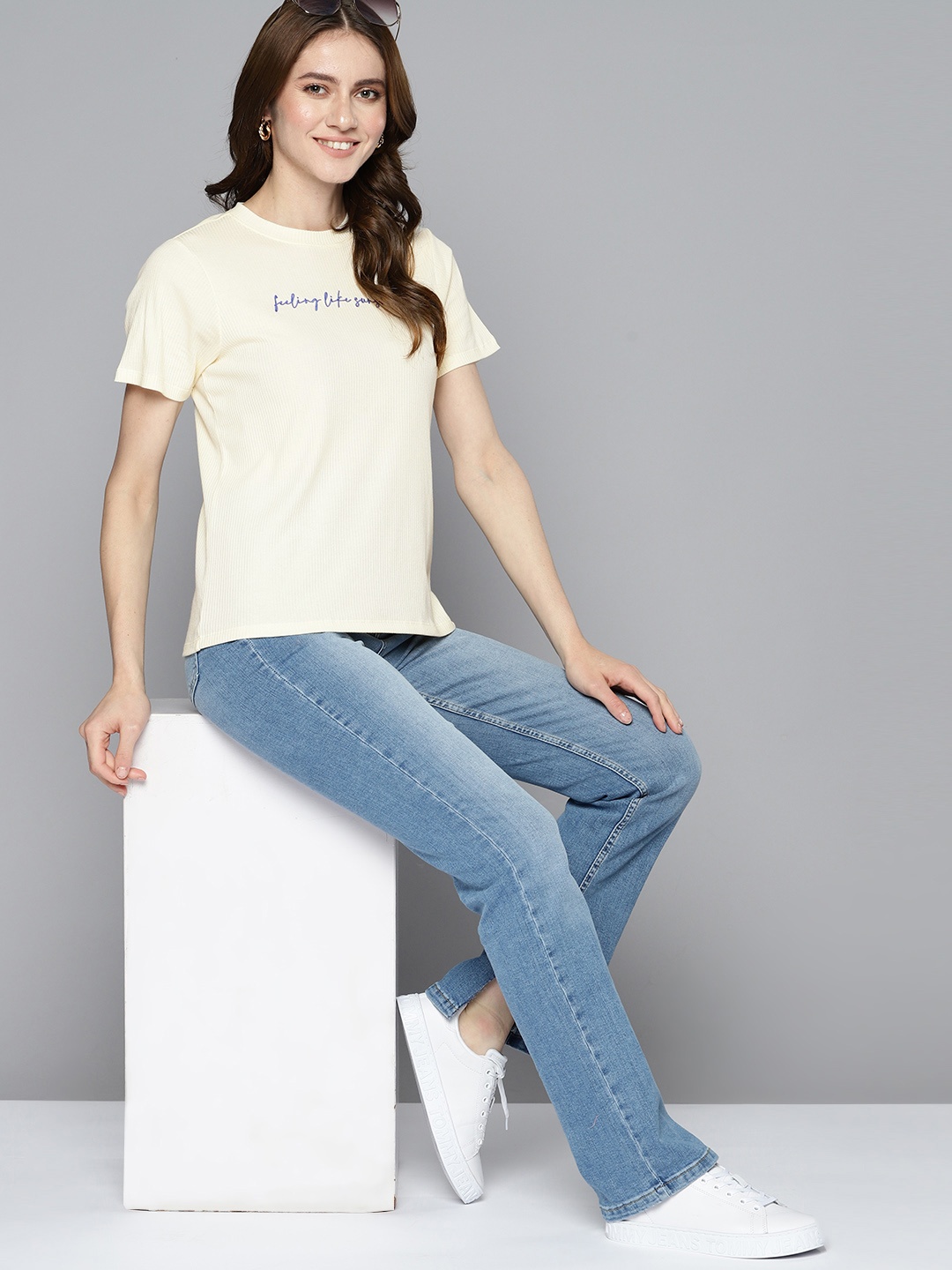 

Mast & Harbour Ribbed Typography Embroidered T-shirt, Cream