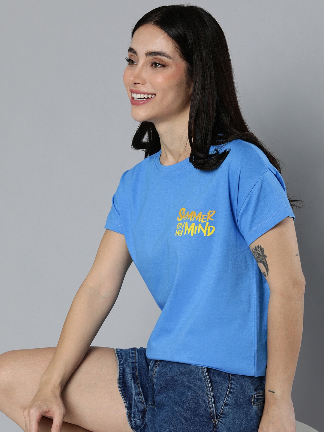 

Mast & Harbour Women Typography Placement Print Pure Cotton T-shirt, Blue