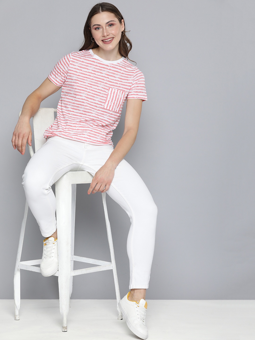 

Mast & Harbour Women Striped Round Neck T-shirt With Chest Pocket, Pink