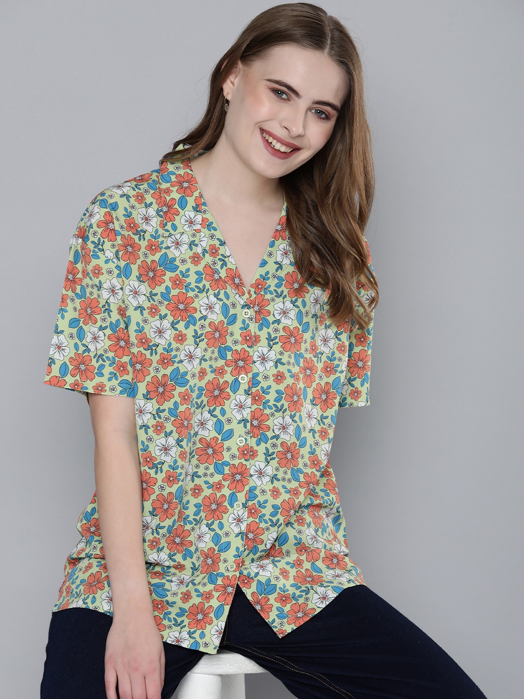 

Mast & Harbour Cuban Collar Floral Printed Casual Shirt, Green