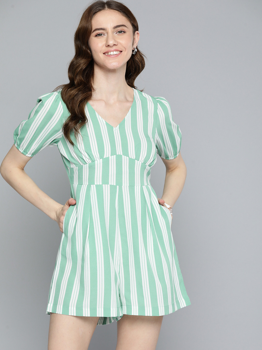 

Mast & Harbour V-Neck Puff-Sleeves Striped Playsuit, Green