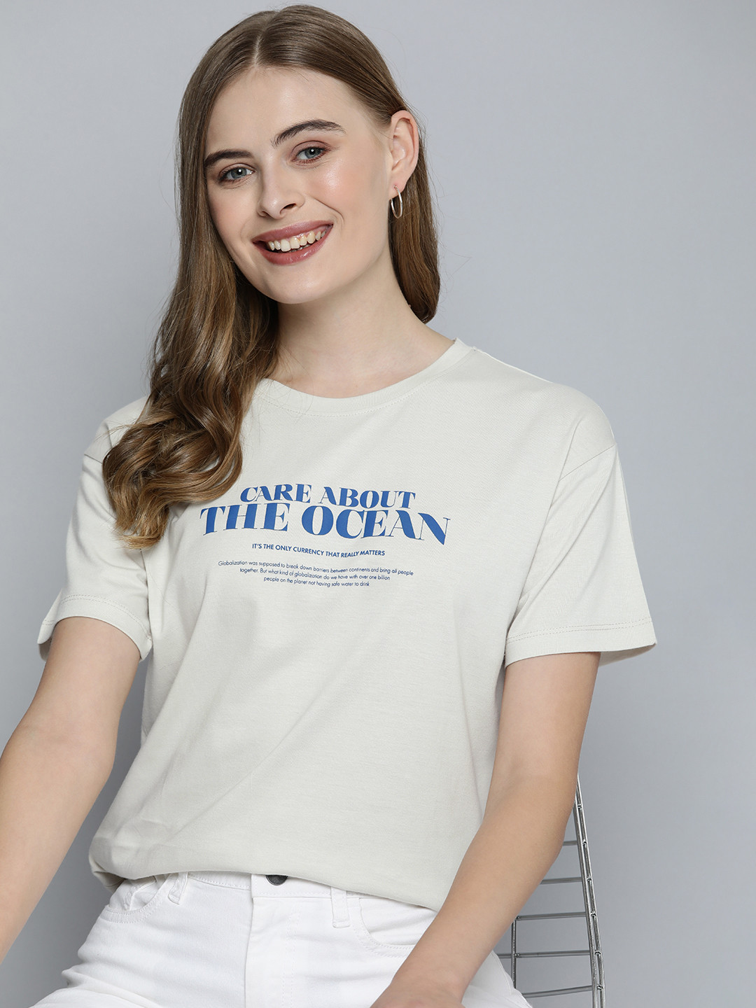 

M&H Our Water Typography Printed Applique Casual T-shirt, Off white