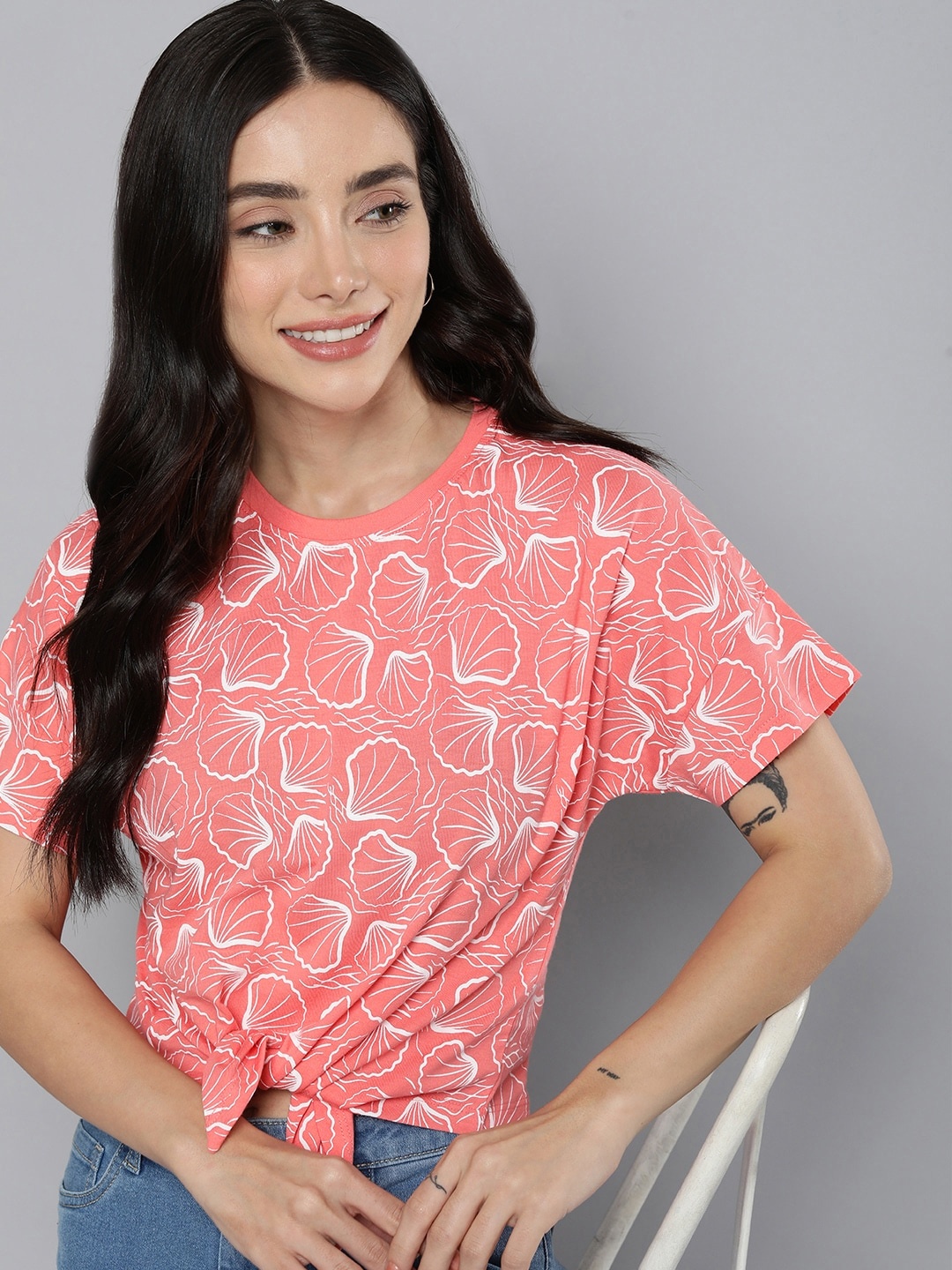 

Mast & Harbour Women Tropical Printed Drop-Shoulder Knotted Crop T-shirt, Coral