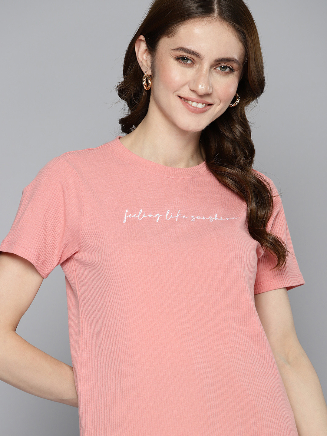 

Mast & Harbour Ribbed Typography Embroidered T-shirt, Rose