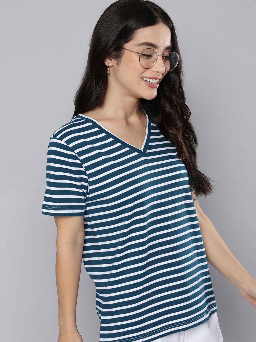 

Mast & Harbour Striped V-Neck Pure Cotton T-shirt, Teal