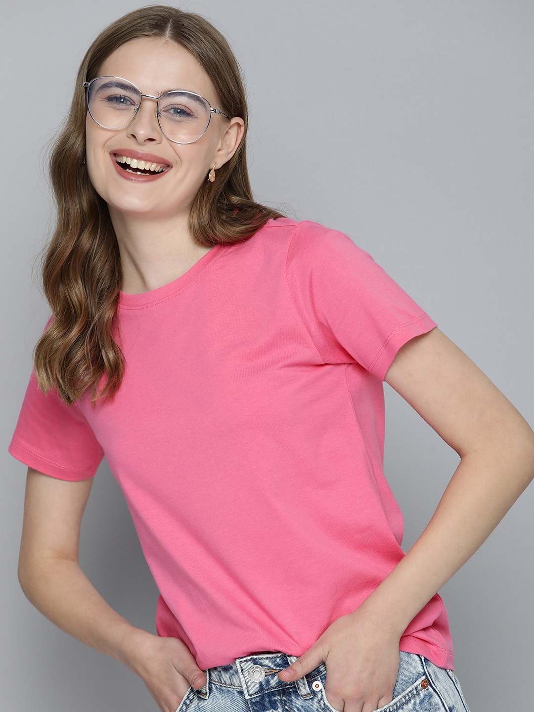 

Mast & Harbour Solid Round-Neck Casual T-shirt, Pink