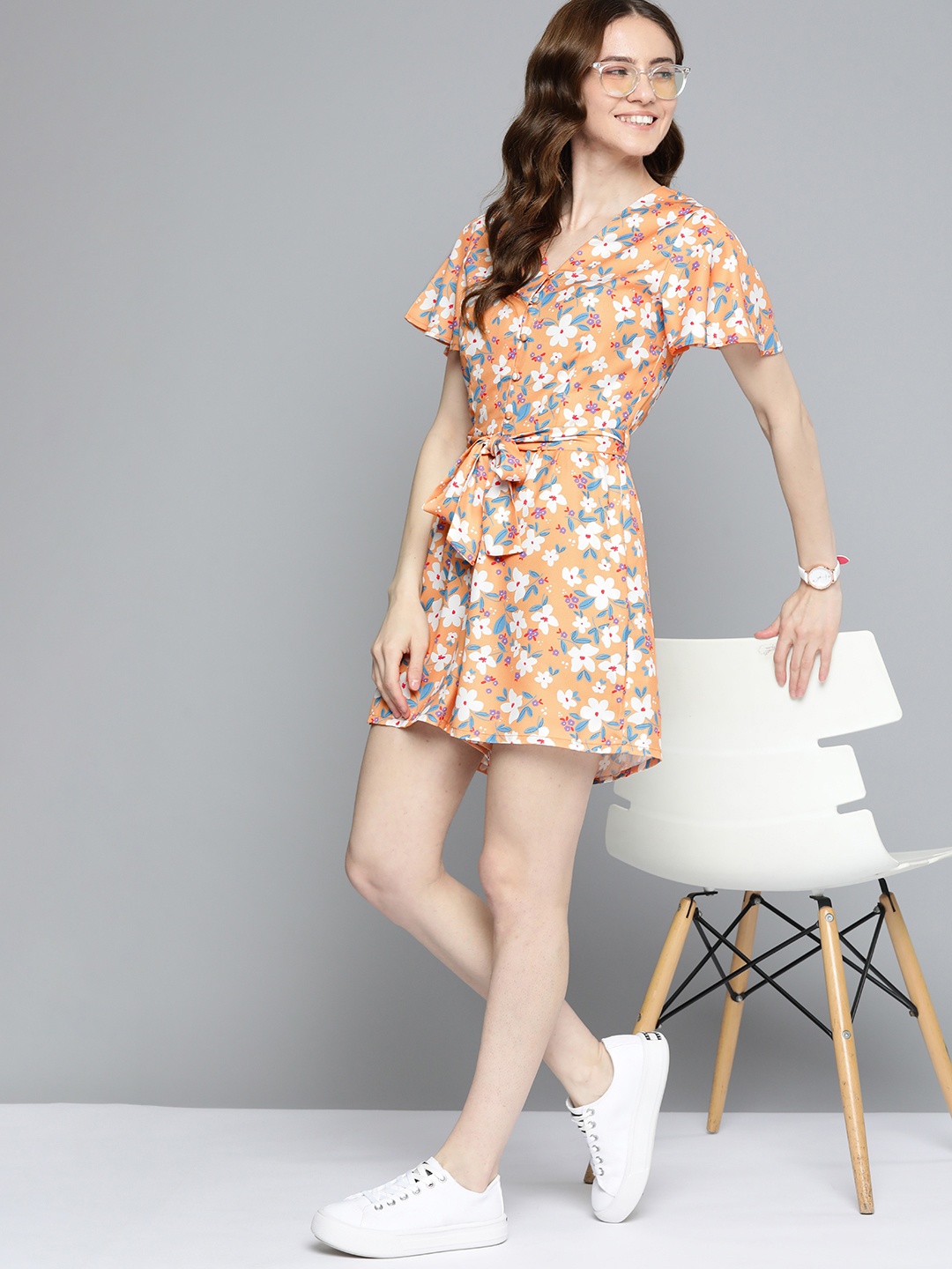 

Mast & Harbour Floral Printed Waist Tie-Up Detailed Flutter Sleeves Playsuit, Yellow