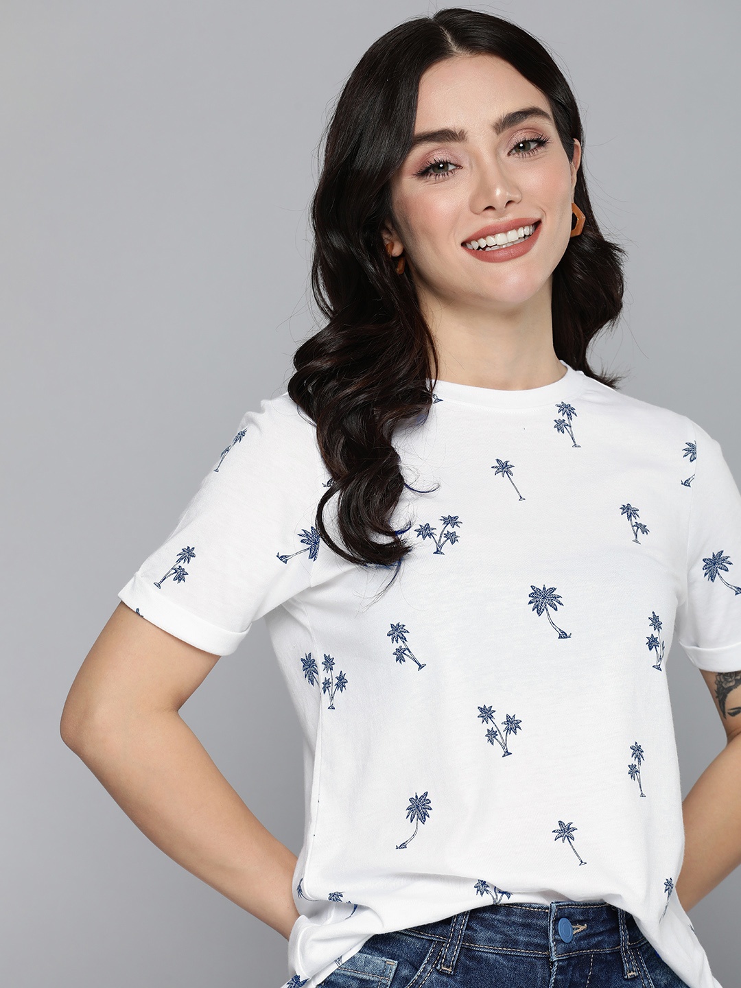 

Mast & Harbour Tropical Printed Round-Neck Casual T-shirt, White