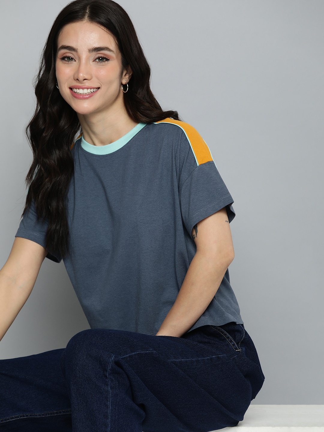 

Mast & Harbour Drop-Shoulder Sleeves Boxy T-shirt, Blue