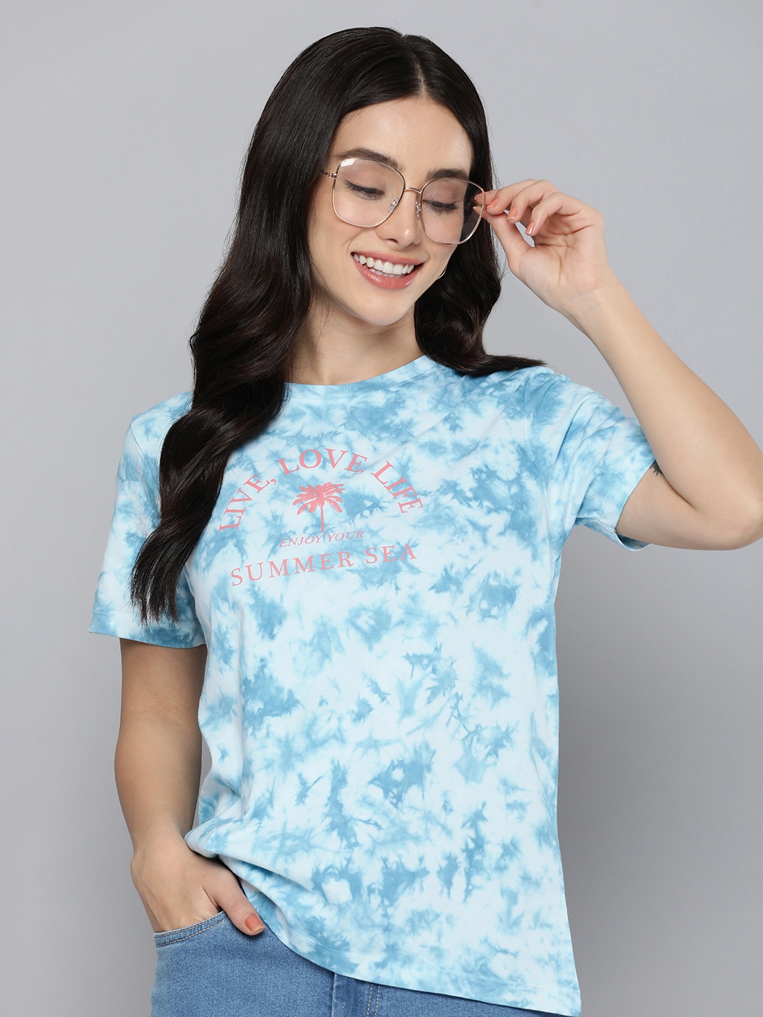 

Mast & Harbour Women Pure Cotton Tie and Dye Printed T-shirt, Blue