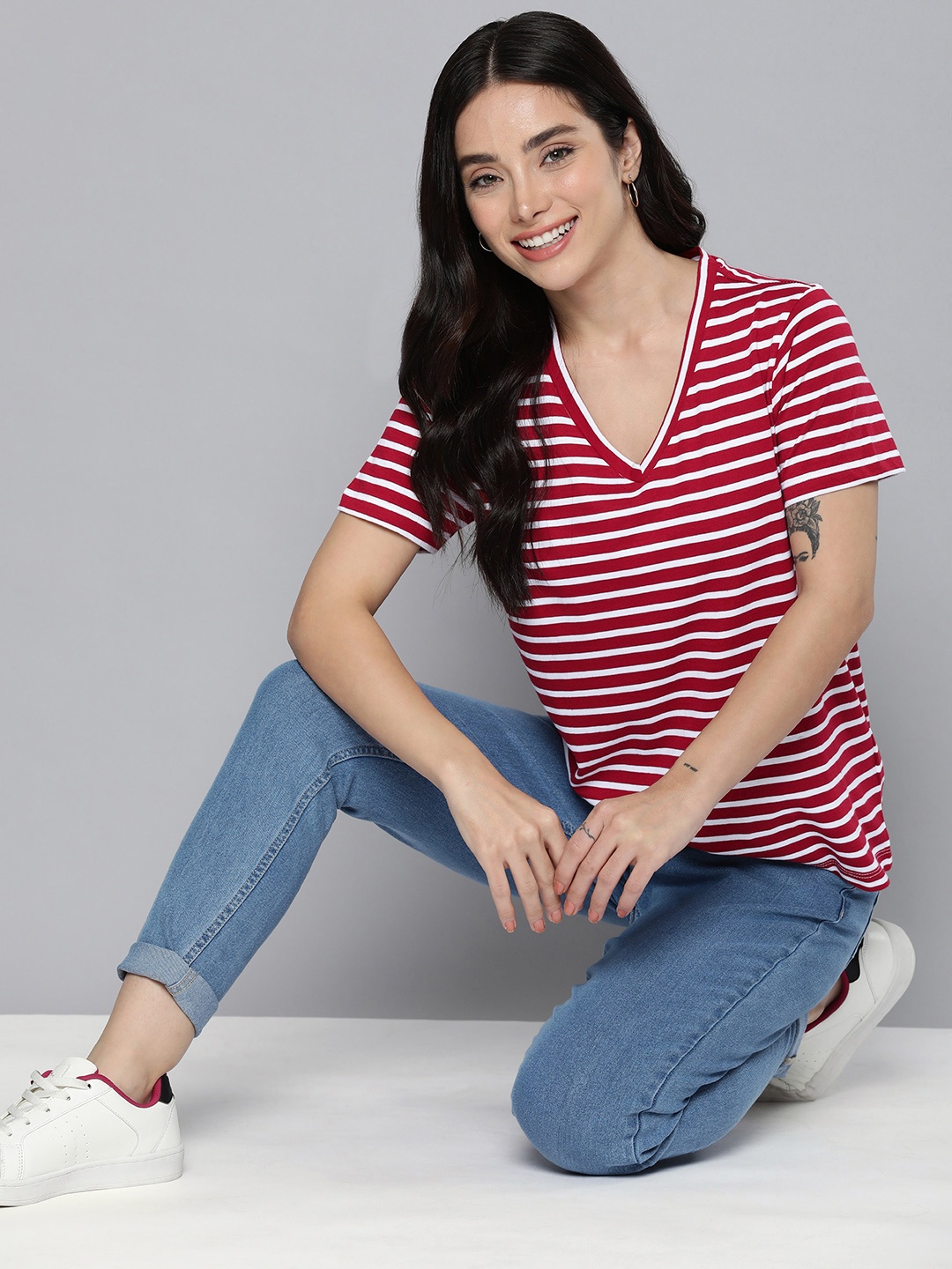 

Mast & Harbour Women Pure Cotton Striped V-Neck T-shirt, Maroon