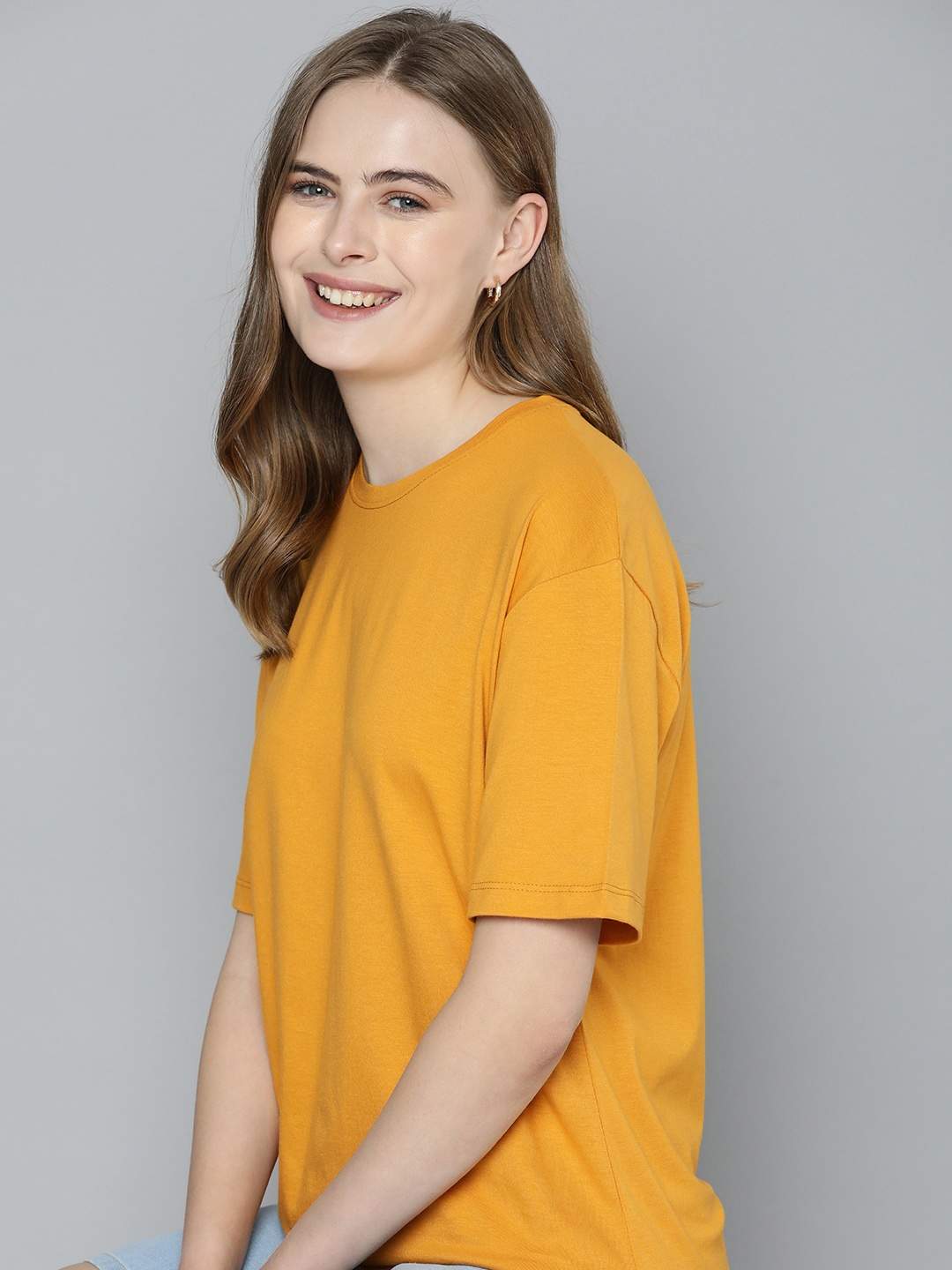 

Mast & Harbour Women Pure Cotton Solid Round Neck Drop-Shoulder T-shirt, Mustard