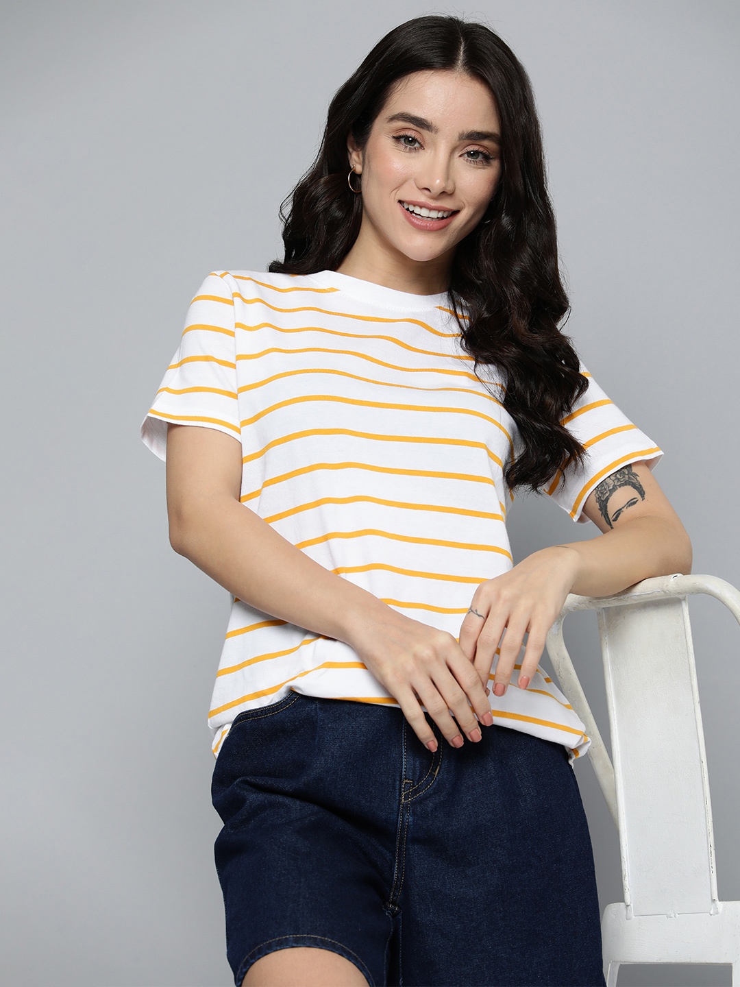 

Mast & Harbour Striped Round Neck Knitted Pure Cotton T-shirt, White
