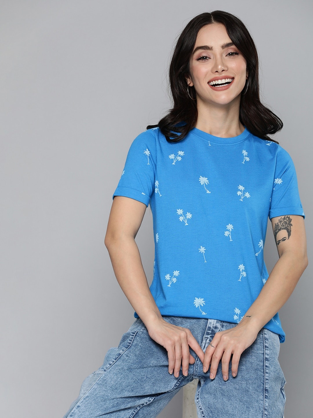 

Mast & Harbour Tropical Printed Round-Neck Casual T-shirt, Blue