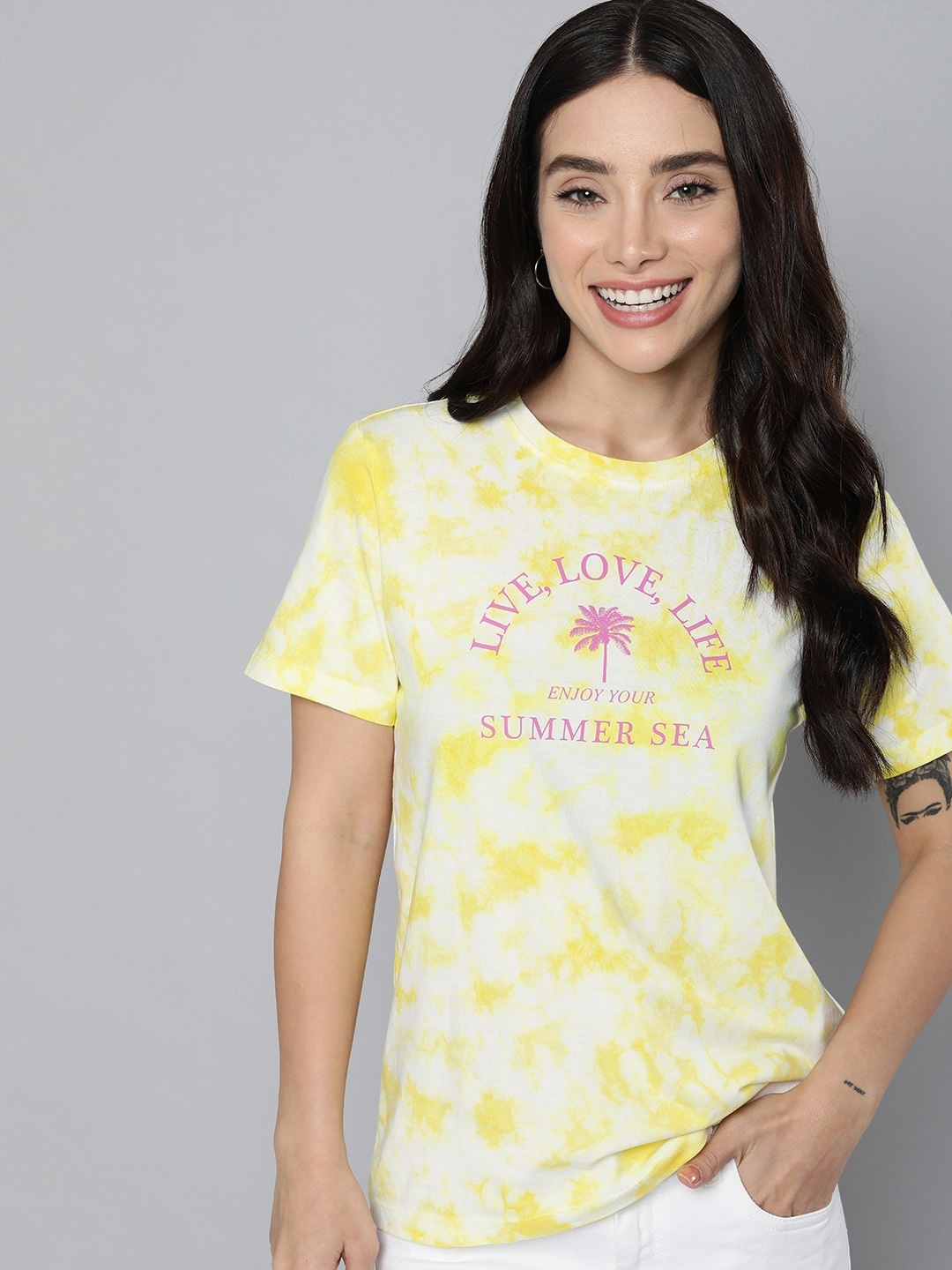 

Mast & Harbour Women Pure Cotton Tie and Dye Printed T-shirt, Yellow
