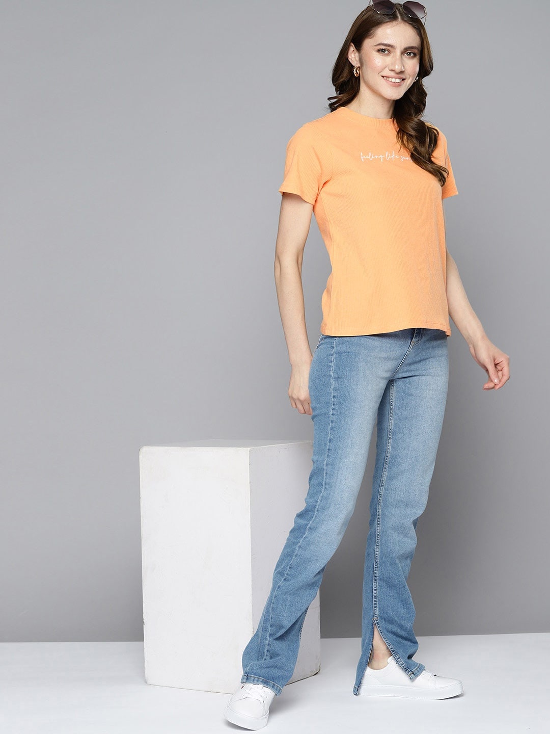 

Mast & Harbour Ribbed Typography Embroidered T-shirt, Orange