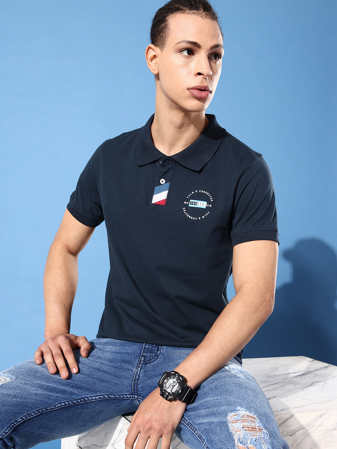 

Mast & Harbour Brand Logo Polo Collar Pure Cotton Applique T-shirt, Navy blue