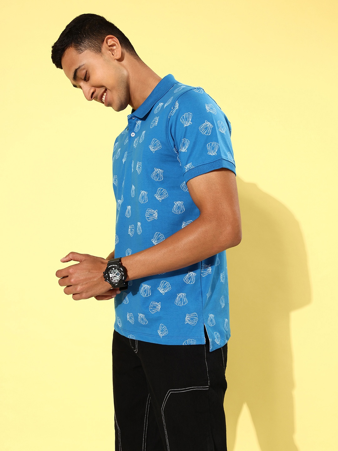

Mast & Harbour Floral Printed Polo Collar Pure Cotton T-shirt, Blue