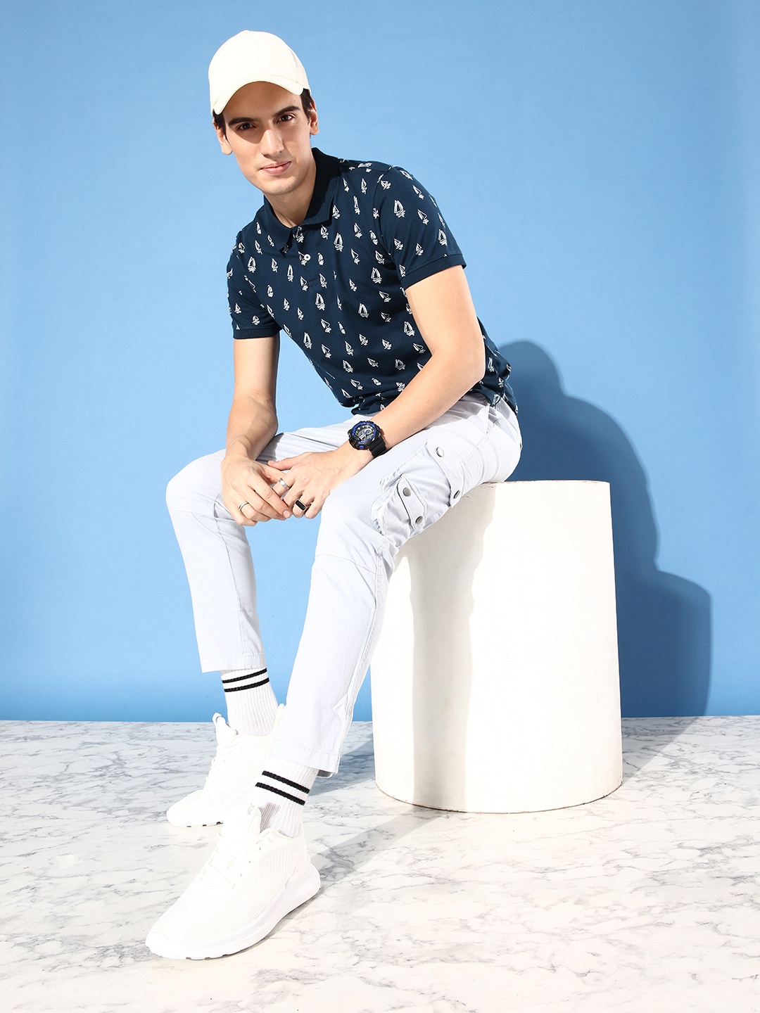 

Mast & Harbour Men Pure Cotton Navy Blue Printed Polo Collar Vacay Resort Fantasy T-shirt