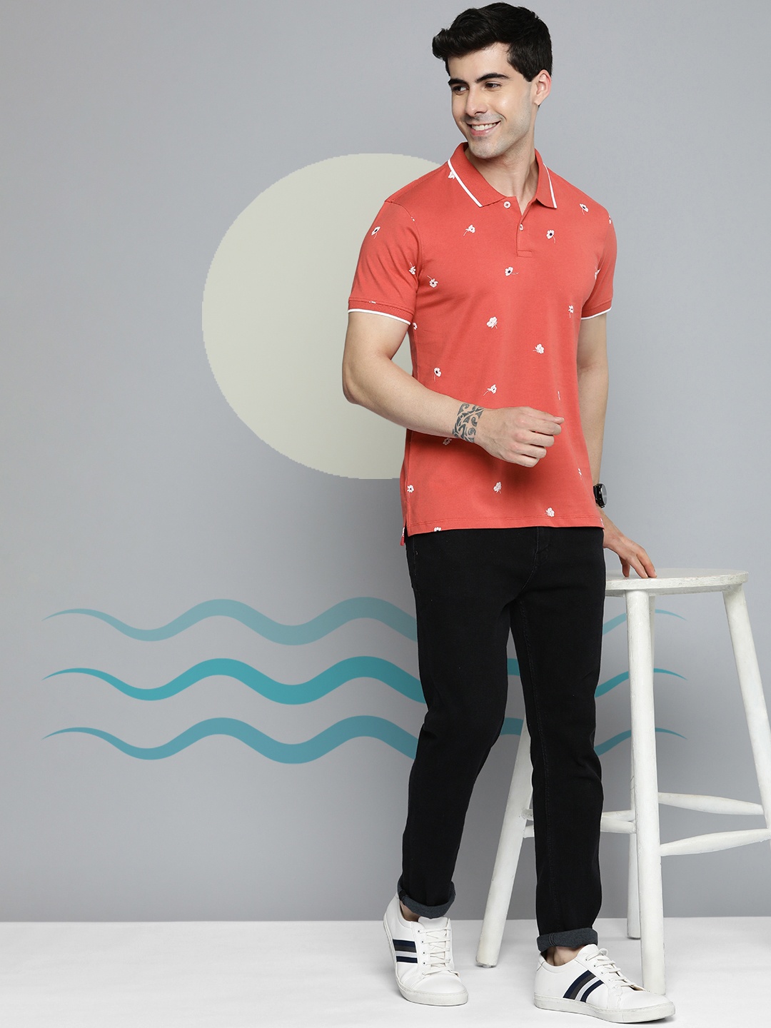 

Mast & Harbour Floral Print Polo Collar Knitted Pure Cotton T-shirt, Orange