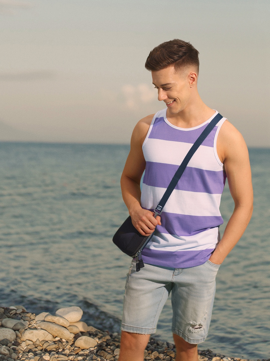 

Mast & Harbour Striped Sleeveless Casual T-shirt, Violet