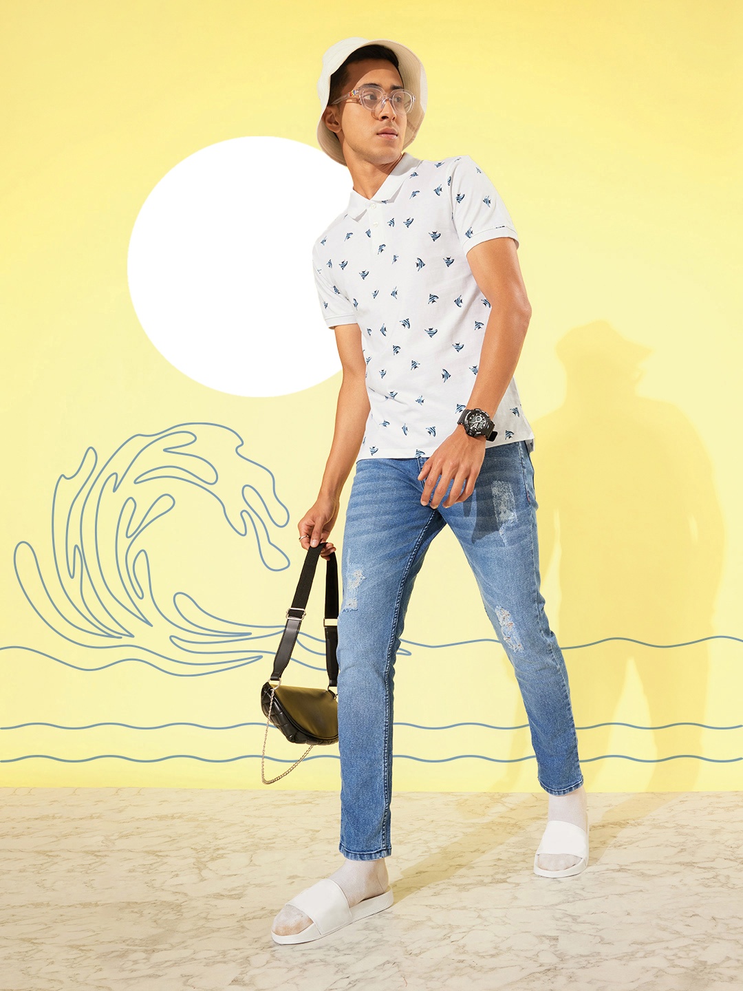 

Mast & Harbour Printed Polo Collar Pure Cotton T-shirt, White