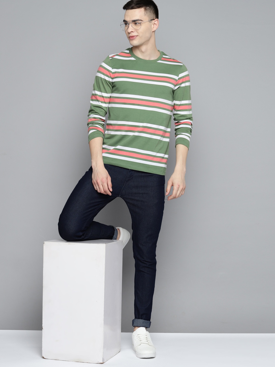 

Mast & Harbour Striped Round Neck T-shirt, Olive