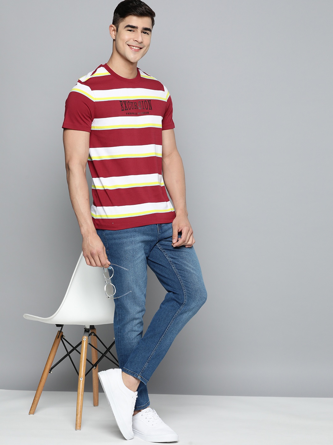 

Mast & Harbour Striped Typography Detailed Regular Fit T-shirt, Maroon