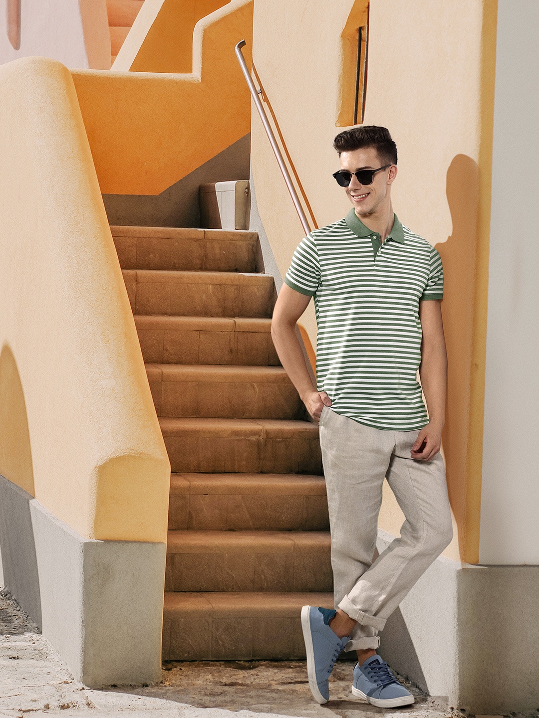 

Mast & Harbour Striped Polo Collar Casual T-shirt, Olive