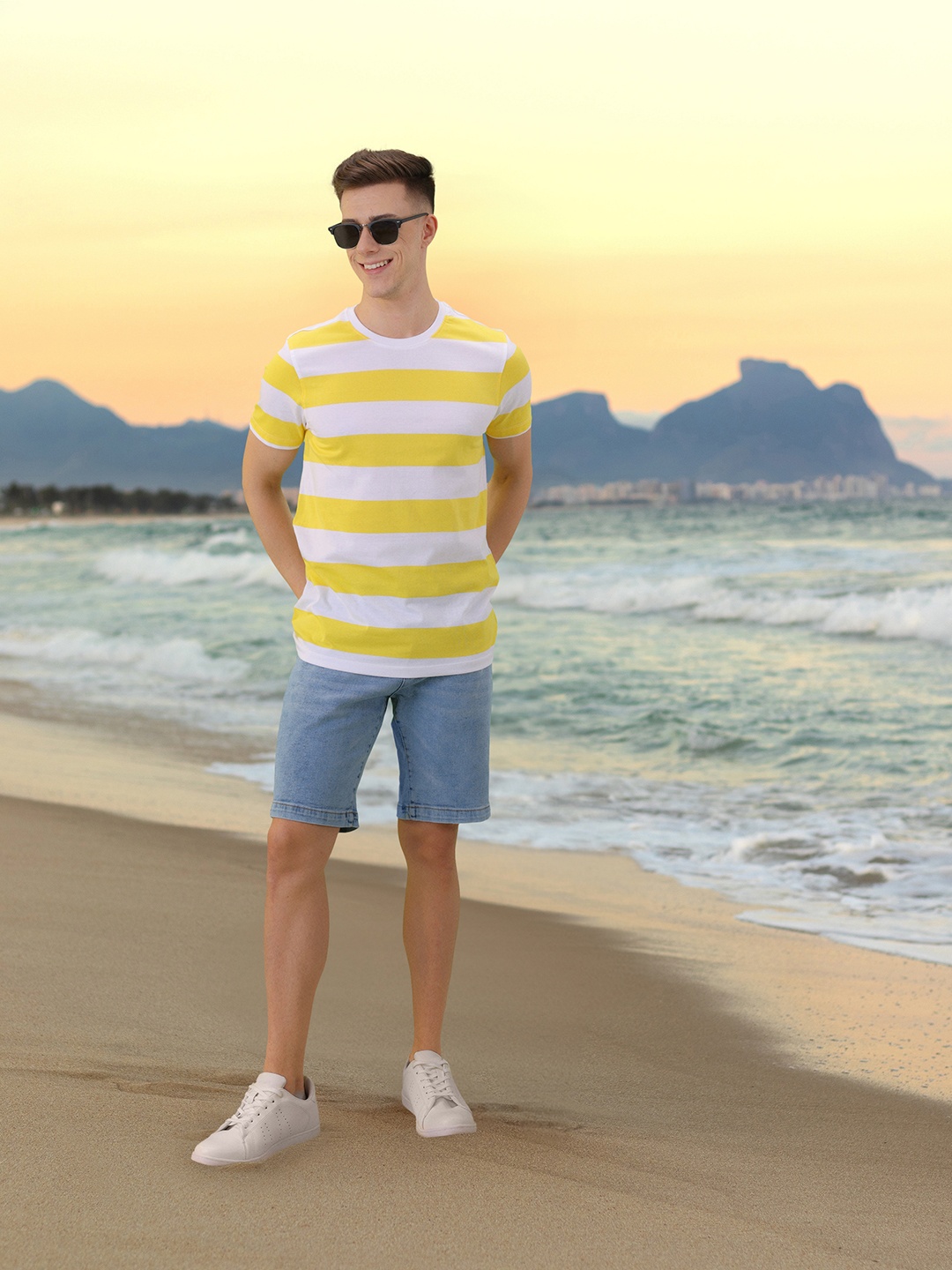 

Mast & Harbour Men Maize Yellow Colourblocked Forever Vacay Pastel Bars T-shirt