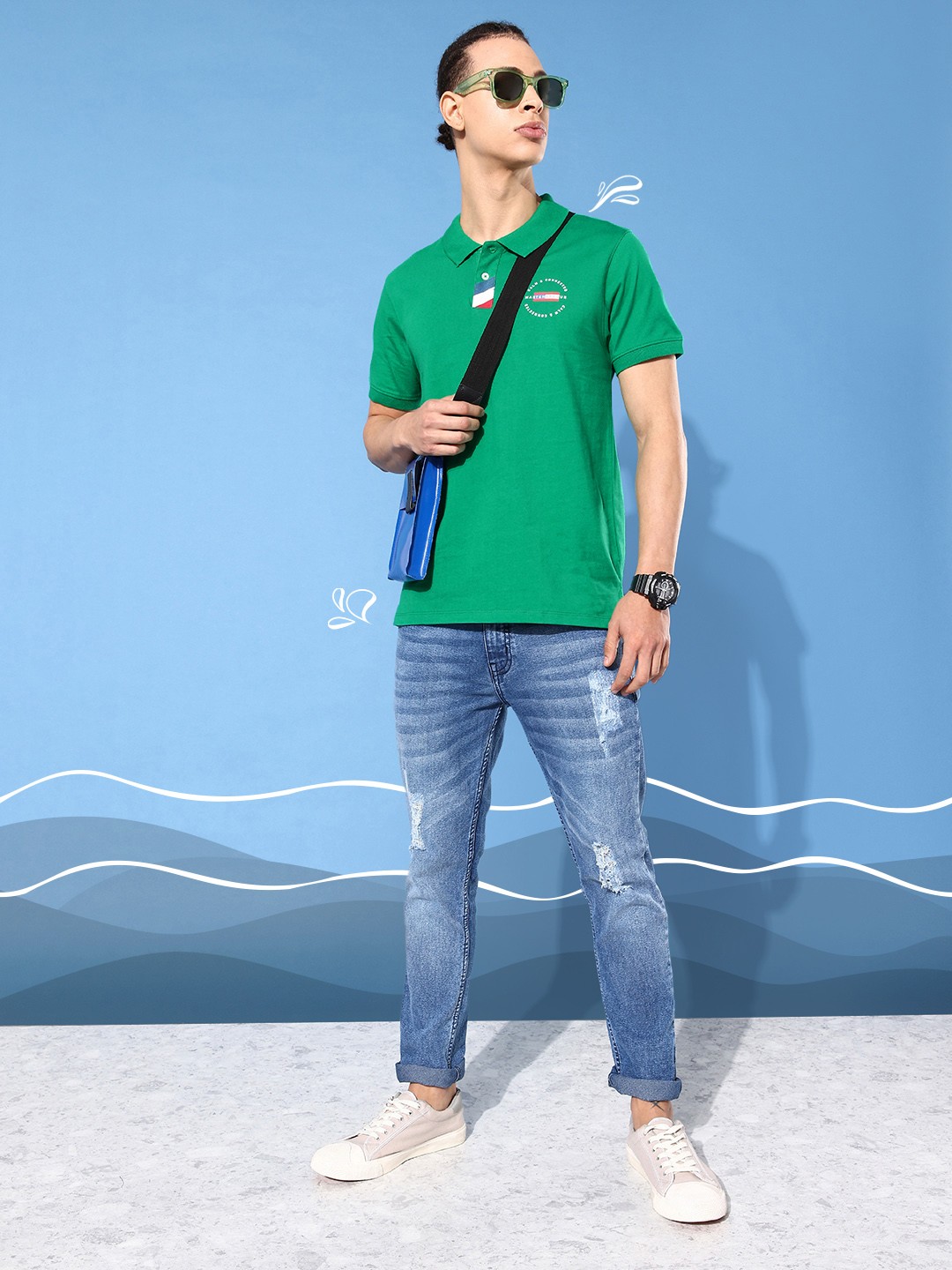 

Mast & Harbour Brand Logo Polo Collar Pure Cotton Applique T-shirt, Green